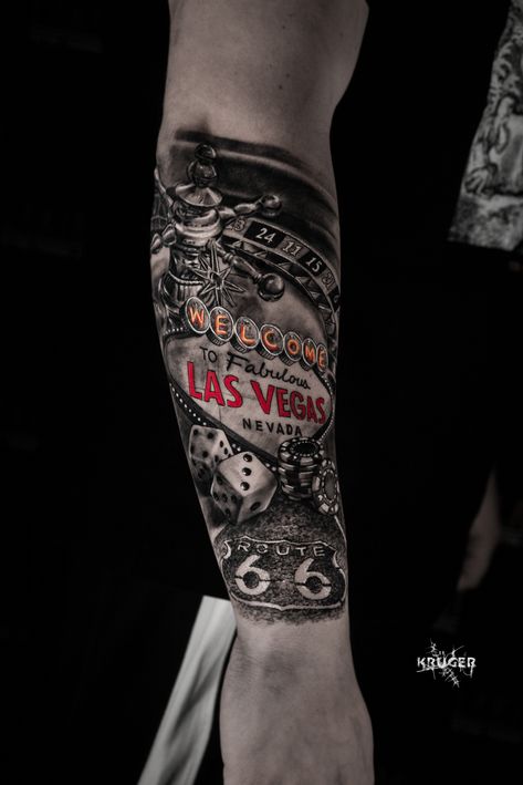 Tattoo uploaded by kruger_tattoo • Las Vegas 🃏 #lasvegas #hazard • Tattoodo Las Vegas Tattoo, Las Vegas Tattoo Ideas, Vegas Tattoo, Realistic Tattoo Sleeve, Back Tattoo, Tattoo Drawings, Arm Tattoo, Tattoos And Piercings, Sleeve Tattoos