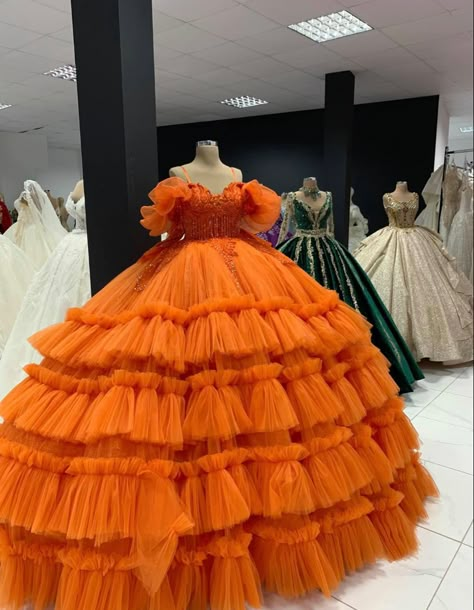 🧡 Orange Ball Gown Dress, Orange Big Dress, Orange Royal Dress, Orange Quince Dresses, Glamorous Orange Wedding Dress, Orange Wedding Dresses, Orange Princess Dress, Orange Sweet 16, Gown Reference