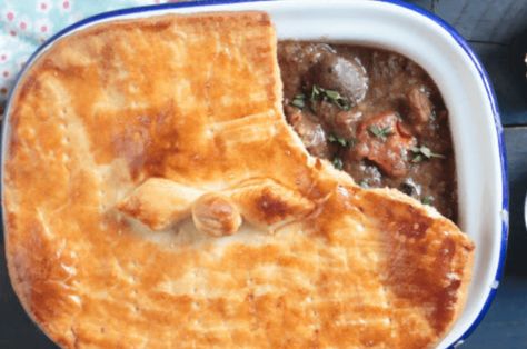 Steak and Kidney Pie Steak And Kidney Pie Recipe, Kidney Pie Recipe, Buttered Carrots, Boiled New Potatoes, Kidney Pie, Steak And Kidney Pie, Chicken Pies, Garden Peas, Slow Cooker Steak