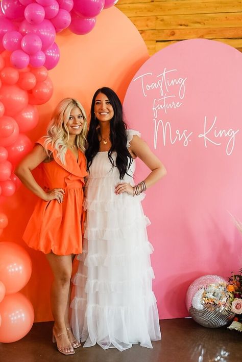 Bright Pink Bridal Shower Ideas, Last Disco Bridal Shower Theme, Orange And Pink Bridal Shower Ideas, Groovy Bridal Shower Ideas, Orange And Pink Bridal Shower, 70s Bridal Shower Ideas, Barbie Bridal Shower Ideas, Disco Bridal Shower Ideas, Colorful Bridal Shower Ideas