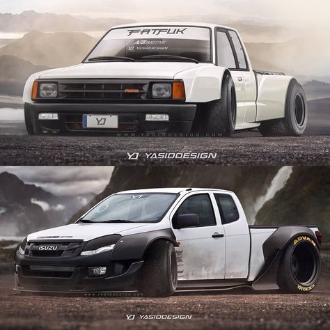 Mazda B2200 uber-wide body. Mazda B2200, Drift Truck, Datsun Pickup, Sport Truck, Lowered Trucks, Small Trucks, Rc Autos, Toyota Trucks, Car Projects