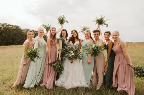 Our bridesmaids dress pallete included dusty rose, sage green, taupe, and dark green. It's exactly what I hoped it would be and more! Sage Pink Bridesmaid Dresses, Mauve And Green Bridesmaid Dress, Sage Green And Blush Wedding Bridesmaid Dress, Safe And Dusty Rose Wedding, Bridesmaids Dresses Sage Green And Blush, Pink And Sage Green Bridesmaid Dresses, Rose And Sage Bridesmaid Dresses, Dusty Rose And Sage Green Bridesmaids, Dusty Rose And Sage Green Rustic Wedding