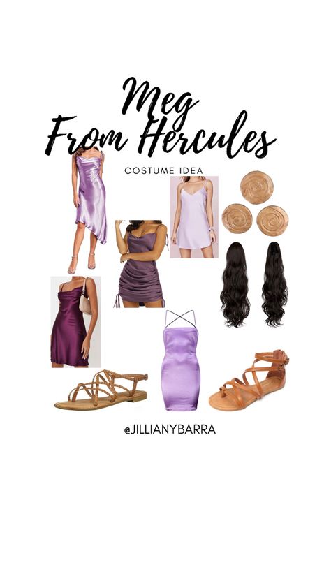 Collage of items to create a Meg from Hercules costume Meg Dress Hercules, Meg Hercules Outfit, Disney Costumes For 2, Disney Party Costumes, Couple Halloween Costumes Hercules And Meg, Hercules Costume Woman, Megra Halloween Costume, Diy Megara Costume, Meg Halloween Costume Hercules