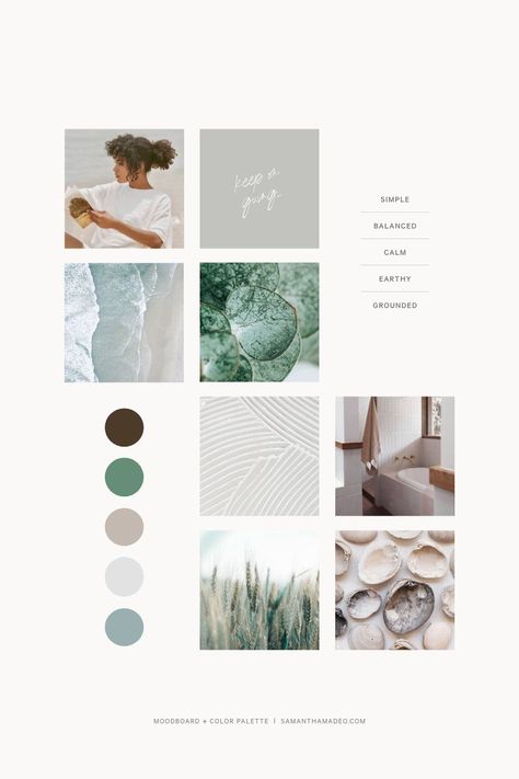 This board is calm and grounded. The imagery feels clean, minimal, and laidback. The muted, low contrast color palette plays into the soothing and tranquil aesthetic. This moodboard would be perfect for a wellness business, beauty, or spa. Modern, nature inspired color palette of blues, greens, and muted neutrals. Faded, soft, earthy Summer color palette Colour Palette Moodboard, Branding Colors Mood Boards, Yoga Profile, Calm Branding, Contrast Color Palette, Coaching Branding, Branding Mood Board Inspiration, Calming Aesthetic, Spa Colors