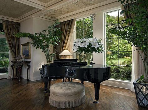 Ceiling, Windows, Drapes, Piano, Ottoman Piano And Office Room, Modern Piano Room, Piano Room Design, Grand Piano Living Room, Piano Rooms, Grand Piano Room, Piano At Home, Piano Room Decor, Piano Living Rooms