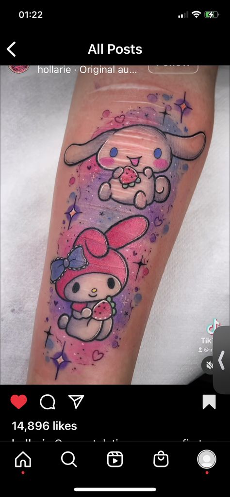 Kawaii Tattoo Sleeve, My Melody Tattoo, Melody Tattoo, Cinnamoroll Stuff, Nails And Tattoos, Hello Kitty Tattoo, Kitty Tattoos, Kitty Tattoo, Hello Kitty Tattoos