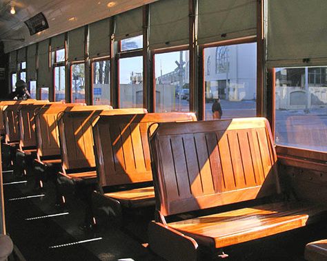 reversible bench seat in New Orleans trolley -- seat base slides slightly to form comfortable angle Base Slides, Jungle Train, Train Concept, Nomadic Lifestyle, Garage Renovation, Garden Railway, Boat Projects, Train Depot, Level Design