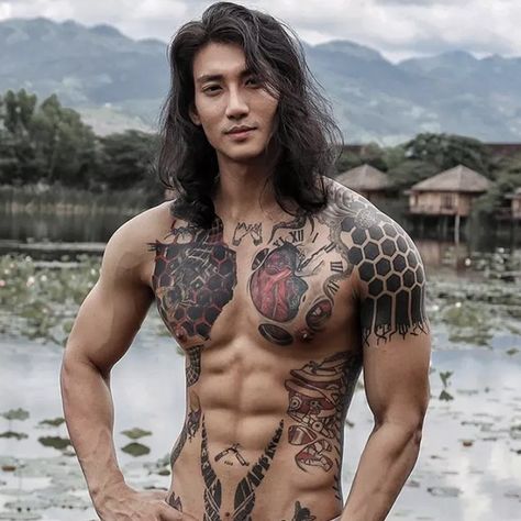 Tattoed Man Aesthetic, Paing Takhon Tattoo, Paing Takhon, Cool Tattoos For Guys, Handsome Asian Men, Photography Poses For Men, Pose Reference Photo, Long Hair Styles Men, Aquaman