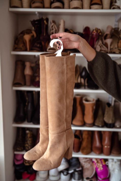 Tall Boot Organization Ideas, Tall Boot Storage Ideas Closet, Tall Boot Storage Ideas, Seasonal Clothes Storage Ideas, Boot Storage Ideas, Tall Boot Storage, Boot Organizer, Boot Hanger, Closet Organized