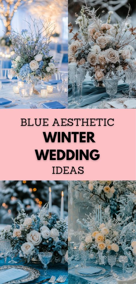 Elegant blue aesthetic winter wedding decor with chic table settings and dreamy floral arrangements. Blue And White Christmas Wedding, Blue Aesthetic Winter, Winter Wonderland Wedding Reception, Winter Wedding Themes, New York Chic, Los Angeles Vintage, Blue Winter Wedding, Winter Wedding Ideas, Winter Bridesmaids