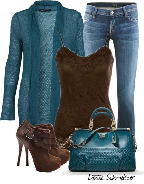 Hair Color Brown Chocolate, Teal Jeans Outfit, Teal Cardigan Outfit, Teal Jeans, Teal Purse, Madame Leota, Country Outfit, Teal And Brown, Teal Cardigan