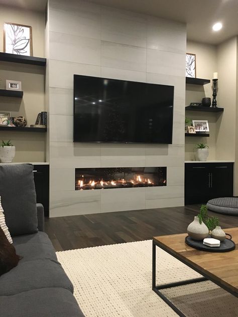 Fireplace Accent Wall With Built Ins, Tv Over Fireplace Ideas Living Rooms, Tv And Fire Wall Ideas, Water Terrace, Modern Fireplace Decor, Modern Fireplace Ideas Living Rooms, Fireplace Walls, Contemporary Fireplace Designs, Tattoo Modern