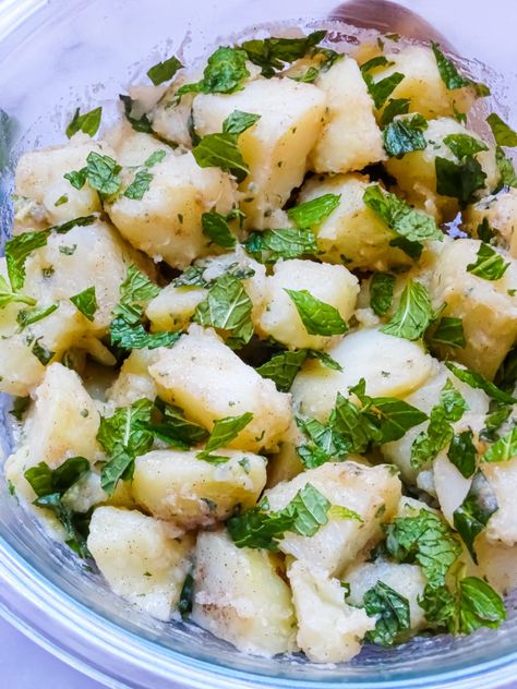 Potato Salad with Lemon and Mint (Syrian Potato Salad) | Tasty Oven Tasty Oven, Middle Eastern Recipes Arabic Food, Lemon And Mint, Middle East Food, Syrian Food, All Spice, Classic Potato Salad, Middle East Recipes, Salad With Lemon