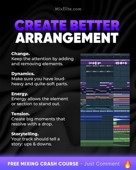 Free Mixing Crash Course 👉 MixElite.com/free-course  💥 Level Up Your Tracks!    #MusicArrangement #MusicProduction #DynamicMixing #EnergyInMusic #TensionAndRelease #StorytellingInMusic #MixingTips #MusicProducer #BeatMaker #AudioEngineering #StudioSession #TrackMastering #MusicMixer Song Arrangement, Producer Tips, Music Engineering, Studio Music Room, Music Hacks, Producing Music, Writing Songs Inspiration, Music Basics, Music Theory Piano