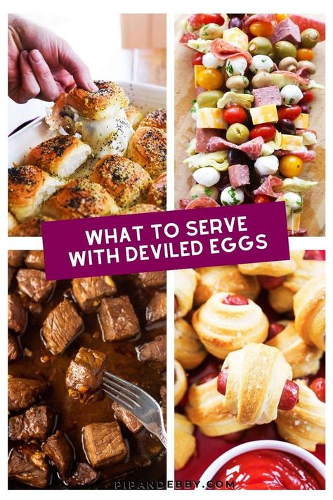 Pinterest image with 4 food graphics and a text overlay that says what to serve with deviled eggs. Egg Appetizer, Easy Finger Food, Eggs Dinner, Appetizer Party, Devilled Eggs, Best Deviled Eggs, Classic Appetizers, Finger Foods Easy, Deviled Eggs Recipe