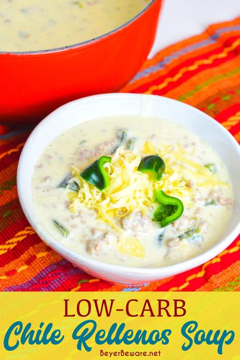 Low-carb chile Rellenos soup is a creamy keto Mexican soup recipe combining queso and cream cheese, ground pork, taco seasonings, and poblano peppers. This is poblano pepper and sausage soup is full of flavors just like your favorite chile Rellenos at your favorite Mexican restaurant. Quick Chili Recipe, Mexican Soups, Pork Taco, Stovetop Chili, Poblano Soup, Low Carb Veggie, Mexican Soup Recipes, Poblano Pepper, Arbonne Recipes