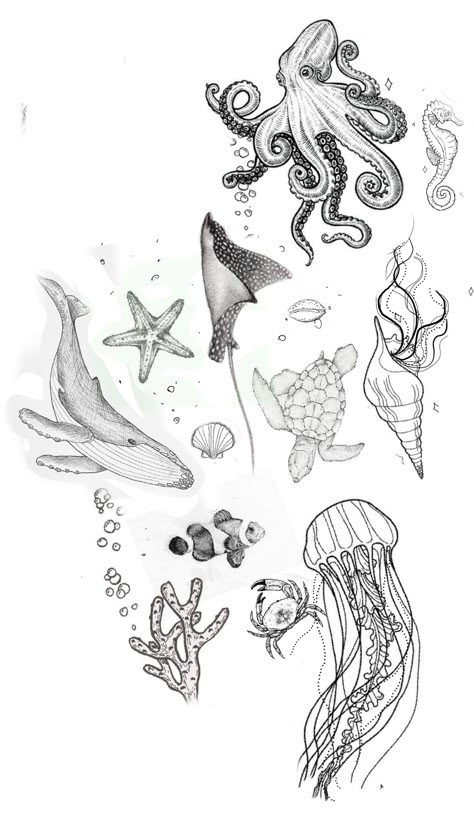 Ocean Theme Leg Tattoo, Marine Biology Tattoo Ideas, Sea Creature Tattoo Sleeve, Mermaid Tattoo Sleeve Ocean Themes, Tattoo Ideas Big Pieces, Sea Tatoos Ideas, Marine Animals Tattoo, Sea Fish Tattoo, Body Template For Tattoos