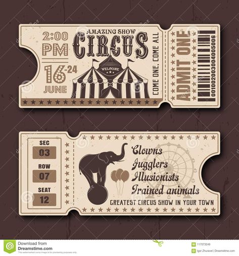 Photo about Circus show horizontal tickets front and back side vector templates in vintage style with sample text on dark textured background. Illustration of cheerful, advertising, elephant - 117073249 Show Invitation, Circus Tickets, Fashion Show Invitation, Circus Aesthetic, Circus Wedding, Dark Circus, Circus Show, Vintage Ticket, Circus Poster