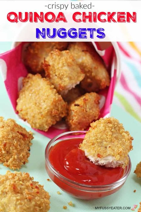 These delicious Crispy Baked Quinoa Chicken Nuggets are a tasty and healthy twist on a classic children's favourite! Baked Quinoa, Snacks For Toddlers, Healthy Chicken Nuggets, Homemade Chicken Nuggets, Chicken Nugget Recipes, Fussy Eaters, Homemade Baby Foods, Easy Meals For Kids, Chicken Bites