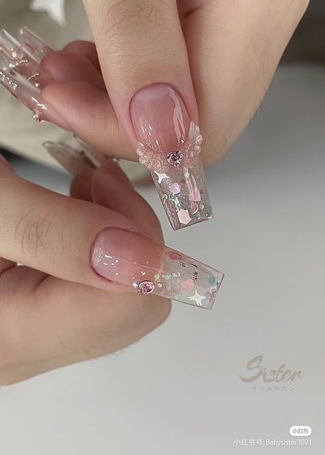 Douyin Nails, Clear Glitter Nails, Rave Nails, Asian Nails, Gel Nails Diy, Pretty Nail Art Designs, Pretty Gel Nails, Really Cute Nails, Cute Gel Nails