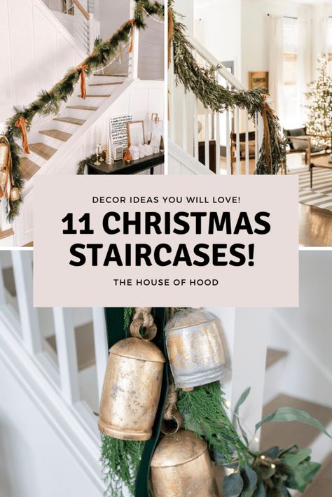 We're sharing Christmas staircase decor ideas over on our blog that you will love! These are easy to recreate and won't break your budget. Head over to our blog for more details and links to everything seen here! Simple Christmas Decor For Stairs, Decorating Steps For Christmas, Staircase Ideas Christmas, How To Make Christmas Garland For Stairs, Farmhouse Christmas Banister, Christmas Ribbon On Staircase, Cheap Christmas Staircase Decor, Stair Case Christmas Ideas, Simple Christmas Banister