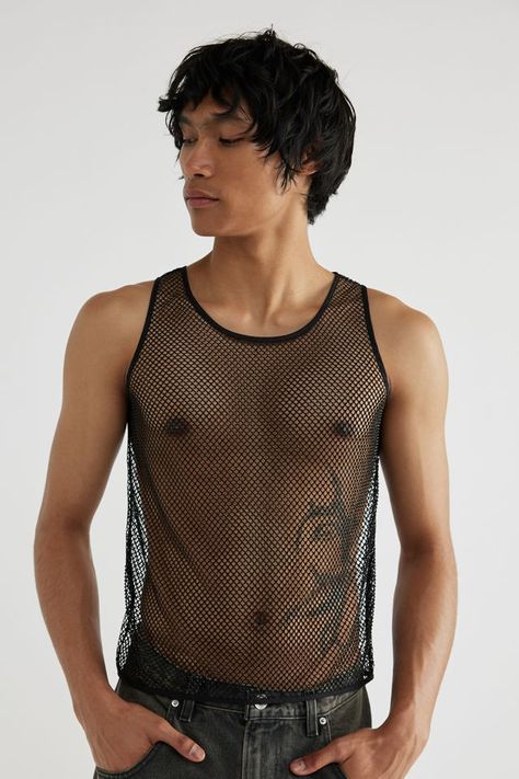 Men In Fishnet Top, Mesh Shirt Men, Vest Top Outfits, Fishnet Top, Model Tanks, Queer Fashion, Mesh Tank Top, Mens Trendy Outfits, Mesh Shirt