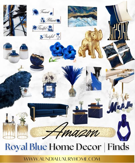 Blue Ideas For Living Room, Navy Blue Glam Living Room, Blue White And Gold Living Room Ideas, Blue And Gold Dining Room Decor, Royal Blue Bedroom Decor Ideas, Royal Blue White And Gold Bedroom, Navy Blue Grey Gold Living Room, Royal Blue Decor Living Room, Gray And Royal Blue Living Room Decor