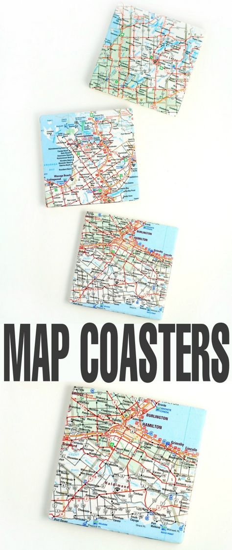 Upcycle old maps to create fun and pretty map coasters. Use local maps or maps from your travels to create these diy unique pieces. Homemade Coasters, Easy Crafts For Teens, Map Coasters, Map Crafts, Coaster Crafts, Crafts For Teens To Make, Tile Crafts, Crafts For Adults, Diy Coasters