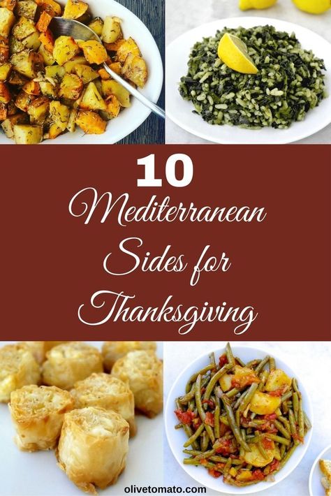 Mediterranean Side Dishes that will satisfy everyone! And you can make ahead! #healthyrecipes #healthythanksgiving #thanksgiving #vegetarian #mediterraneanfood #greek Mediterranean Thanksgiving, Mediterranean Side Dishes, Thanksgiving Recipes Side Dishes Healthy, Thanksgiving Healthy, Side Dishes For Thanksgiving, Dishes For Thanksgiving, Thanksgiving Recipes Side Dishes Easy, Olive Tomato, Healthy Thanksgiving Sides