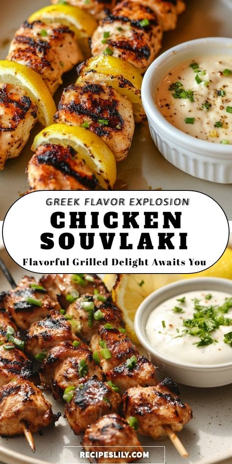 Join me in creating this mouthwatering Chicken Souvlaki that bursts with flavor! Perfectly grilled chicken skewers, infused with zesty lemon and aromatic herbs, served with a creamy dip. This dish is your ticket to a delightful Greek feast right at home! Chicken Diablo Recipe, Souvlaki Skewers, Chicken Souvlaki Recipe, Creamy Dipping Sauce, Souvlaki Recipe, Chicken Souvlaki, Recipe For Chicken, Greek Flavors, Greek Dishes