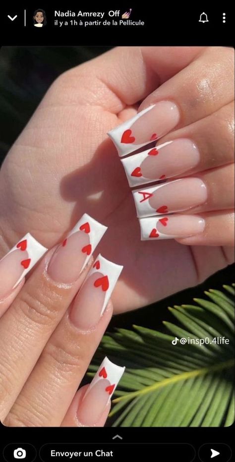 Square Valentine Nails Red, Long White French Tip Nails With Initial, V Day Nails With Initial, Nails With His Initials Red, Red French Tip With Initial, Acrylic Nails With Letter J On It, White French Tip Summer Nails, Nails Woth Initial, Red Nail Designs With Initial