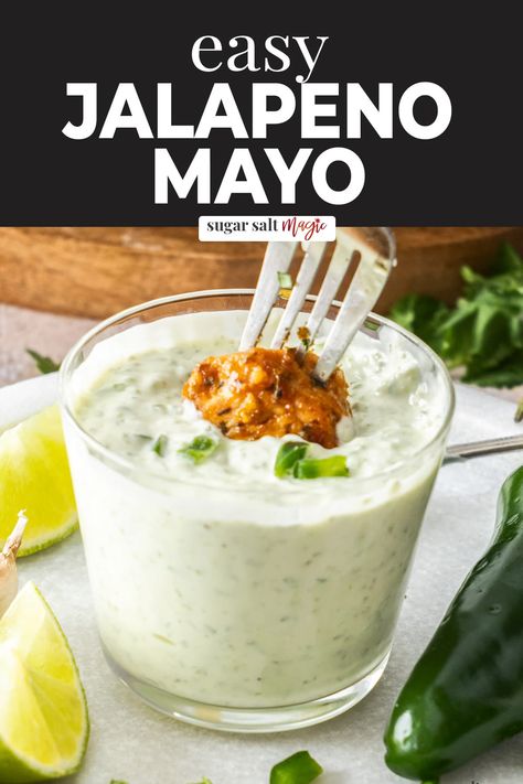 This jalapeno mayo is creamy, tangy and a little spicy, and just downright delicious. Perfect for dipping wings or spreading on burgers, it�’s just 6 ingredients and so easy to make. Jalapeno mayo is wonderfully creamy, a little sweet, and a bit tangy, with a spicy kick from the little bits of jalapeno all the way through. It's the perfect combination of flavours and textures, and it tastes great with a variety of different dishes! Jalapeno Mayo Recipe, Jalapeño Mayo, Jalapeno Dip Recipes, Burger Sauces Recipe, Processor Recipes, Jalapeno Sauce, Homemade Dips, Mayo Sauce, Aioli Recipe