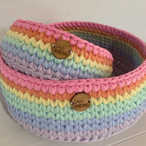 Rainbow baskets - small and medium Crocheted Baskets, Crochet Baskets, Decorative Baskets, Rainbow Nursery, Nursery Storage, Nursery Colors, Easy Knitting Patterns, Modern Crochet, T Shirt Yarn