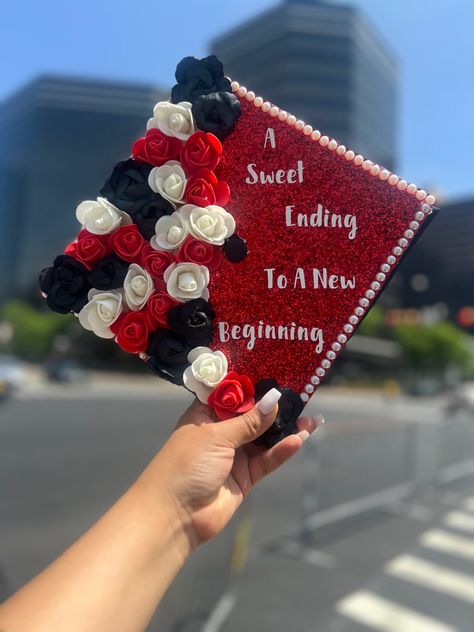 Designs For Caps For Graduation, Black Cap Decoration Graduation, Red Graduation Cap Decoration, Early Graduation Cap Ideas, Red Cap Decoration, Red Cap Ideas For Graduation, Red Graduation Cap Ideas, Graduation Cap Designs Black, Red Cap Decoration Graduation