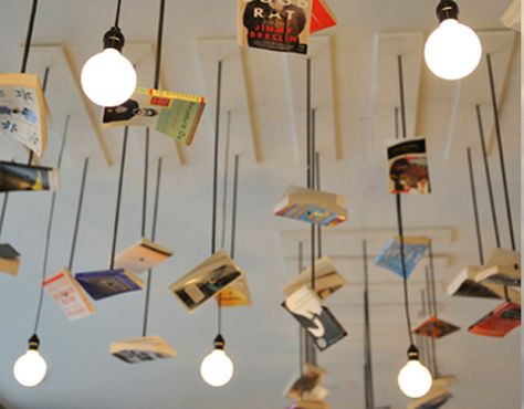 Cafe Lighting Design, Hanging Books, Mcnally Jackson, Bookstore Design, Bar Deco, Library Cafe, Lustre Vintage, Lighting Feature, Library Bookshelves