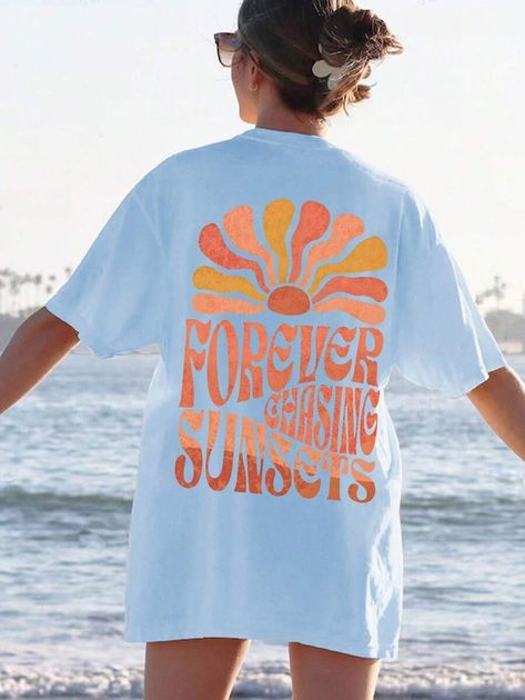 SHEIN EZwear Forever Chasing Sunsets Shirt Beachy Fashionable TS Coconut Girl College Style Summer Clothing Ocean Inspired Graphic T-Shirt Sunset Printed Tee | SHEIN USA Forever Chasing Sunsets, Printed Tee Women, Beachy Outfits, Chasing Sunsets, Tea Shirt, Coconut Girl, College Style, Ocean Inspired, Summer Clothing