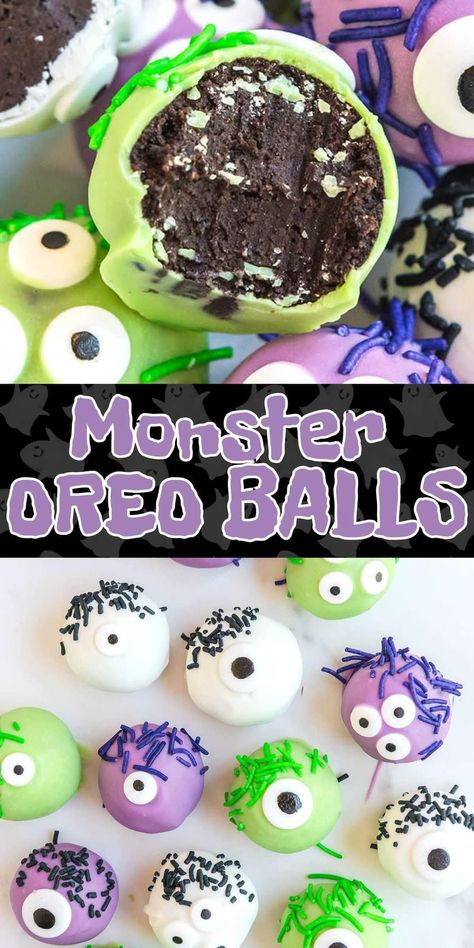 Monster Doughnuts Halloween Treats, Monster Dessert Ideas, Monster Oreo Balls, Spooky Oreo Balls, Monster Cake Balls, Oreo Truffles Halloween, Unique Halloween Desserts, Halloween Truffle Ideas, Halloween Oreo Truffles