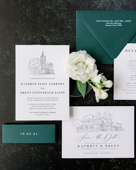 Save the Date with Custom Wedding Venue Sketch Illustration in Dark Green and Black + Envelope Addressing — Different Colors! Dark Green Wedding, Venue Sketch, Black Envelope, Envelope Addressing, Emerald Green Weddings, Black Envelopes, Green Wedding Invitations, Green Envelopes, Invitation Inspiration