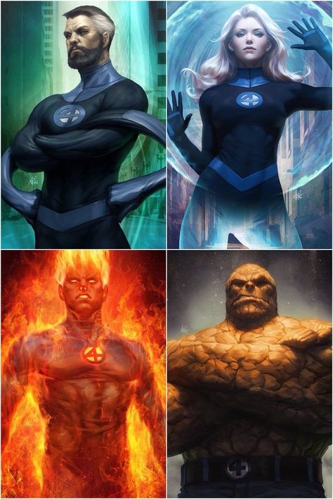 The team Fantastic Four is a representation of the four elements ): Water(Reed), Wind (Sue), Fire(Jhony) and Earth(Ben) Fantastic Four Marvel, Mister Fantastic, The Fantastic Four, Fantastic 4, The Four Elements, Invisible Woman, Marvel Artwork, Four Elements, Marvel Comic Universe