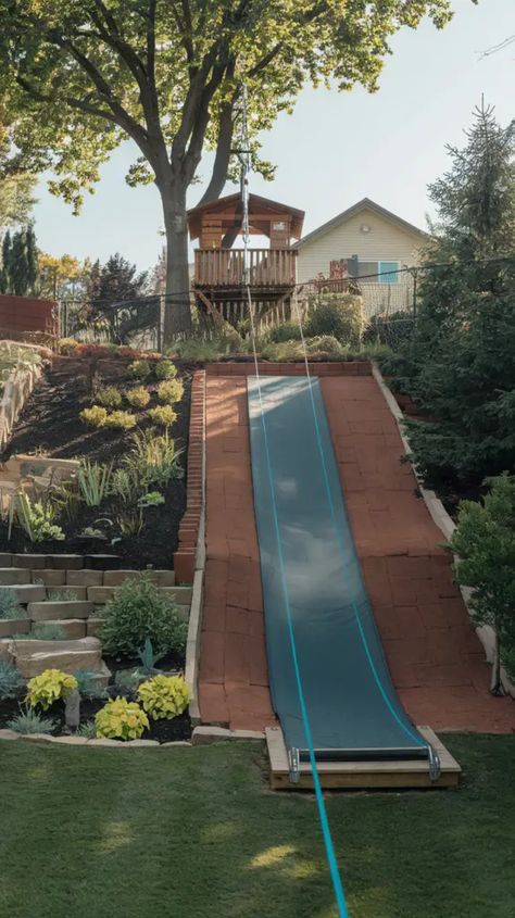 Steep Backyard, Kid Friendly Backyard, Sloped Yard, Play Garden, Sloped Backyard, Backyard Design Ideas, Natural Playground, Wooden Stairs, Outdoor Classroom