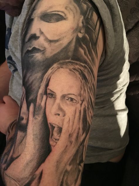 Lori strode from Michael myers Halloween tattoo, Jamie Lee Curtis scene inspired by mothers scene in the film psycho, part of whole arm sleeve Laurie Strode Tattoo, Jamie Lee Curtis, Michael Myers Halloween, Jamie Lee, Horror Tattoo, Halloween Tattoos, Michael Myers, Arm Sleeve, Halloween Pictures