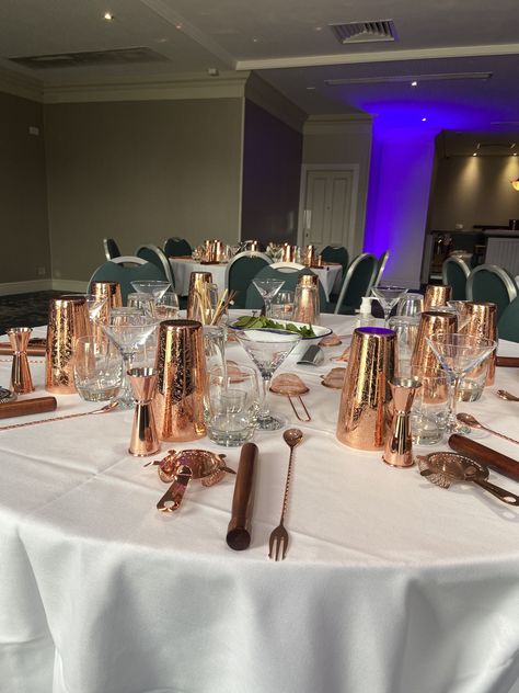 Round tables in a hotel with white linen set with individual copper cocktail equipment for a cocktail making class. One table in forefront but can see another table set the same in the background Cocktail Making Class Parties, Cocktail Class Party, Mixology Class Setup, Cocktail Making Kit, Bar Events, Team Building Activity, Group Party, Event Bar, Non Alcoholic Cocktails