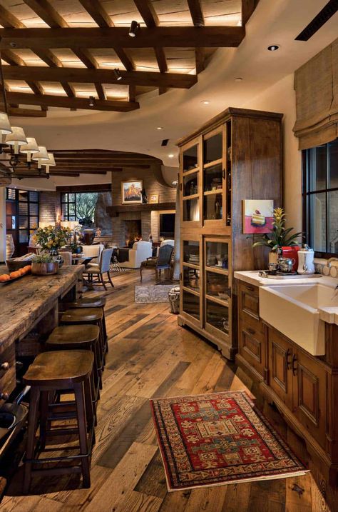 This gorgeous Southwest style house has epic Arizona desert views Adobe House Interior Design, Desert Homes Interior, Adobe Brick, Santa Fe Decor, Southwest Style Home, Kitchen Corners, San Tan Valley Arizona, Ranch Property, Santa Fe Home