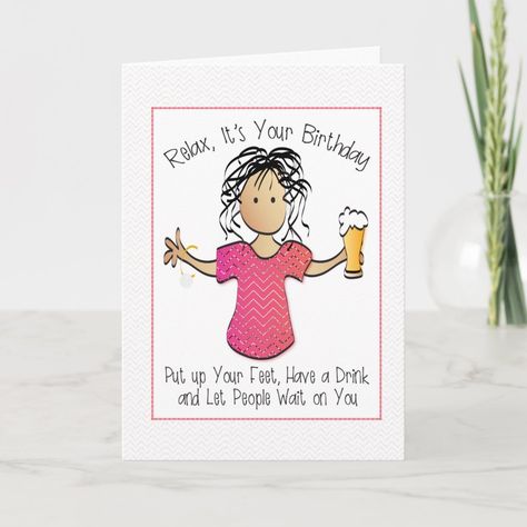 Personalized Funny Birthday Card for Her | #funnybirthdaycardforher #personalizedbirthdaycardforwoman #humorousbirthdaycardforfemale #sassycardforclassylady #happybirthdaycardwithdrink #snarkycartoonforlady #friendsisterbffbdaycard #modernsillyfun #customnamemessage #hispanicafricanamericanbrowngirl Bff Bday Card, Birthday Cards Women, Beer Birthday Cards, Beer Cartoon, Woman Beer, Cartoon Birthday, Birthday Card Drawing, Sister Birthday Card, Birthday Card For Her