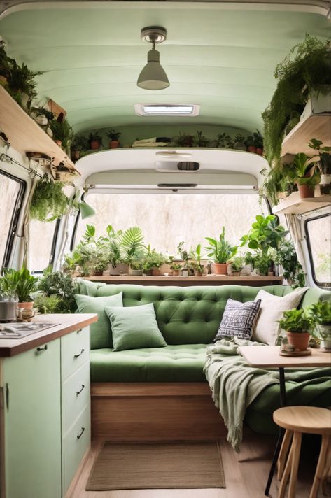 Green Van Interior, Green Camper Interior, Small Van Life Interior, Small Camper Interior Ideas, Small Camper Interior, Camper Interior Ideas, Small Camper Vans, L Couch, Hippie Vans