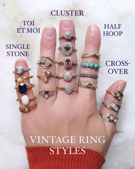 Let’s get to know some VINTAGE RING STYLES ✨ SINGLE STONE - or solitaire Refers to a piece that has a definite main character! Solitaire is another word that is often used which also means the main stone is solo. To me this makes me think more of diamond rings and engagement rings but I guess that’s just by association. A single stone or solitaire can have shoulder stones and accent stones but it is always obvious which stone is 👑 TOI ET MOI - or two stone This is a French name which mea... French Name, French Names, Ring Styles, Single Stone, Feel Pretty, Main Character, Vintage Ring, Pearl Ring, Diamond Rings