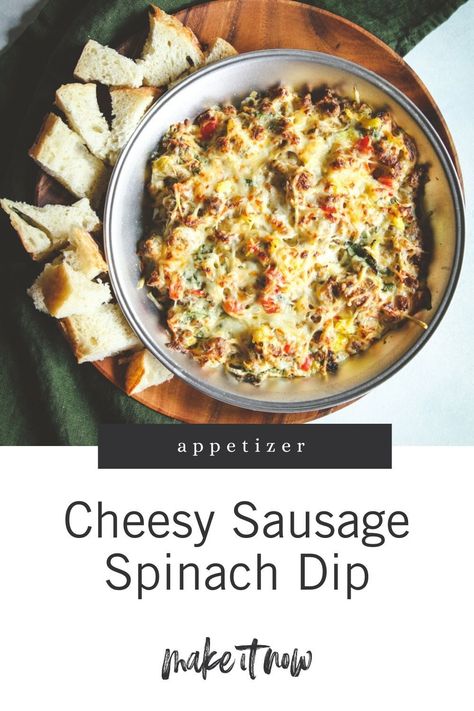 Cheesy sausage spinach dip served in a bread boat is perfect for a crowd pleasing appetizer everyone will love! Find the recipe on the blog! Sausage Spinach Dip, Bread Boat Recipes, Bread Boule, Cheesy Sausage Dip, Bread Boats, Wisconsin Food, Sausage And Spinach, Sausage Dip, Sausage Spinach