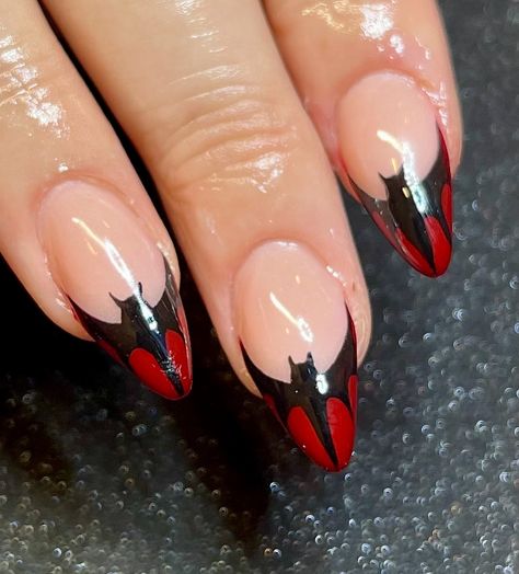 The cutest little bat frenchies 🦇 #nails #nailtech #nailart #nailartist #slcnails #utahnails #slcnailtech #801nails #801nailtech #halloweennails #batnails #frenchies #acrylicnails #rednails #homebasednailtech #luxapolish #explore Bat Design Nails, French Bat Nails, Batman Inspired Nails, Bat Nails Designs, Cat Woman Nails, Bat Nail Art, Frenchies Nails, Bat Nails Art, Batman Nails