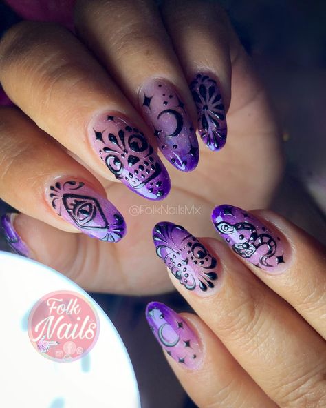 Folk Nails, Mexican Nail Art, Talavera Nail Art, Mexican Nails, Mandala Nails, Cartoon Nails, Boho Nails, Witchy Nails, Drip Nails