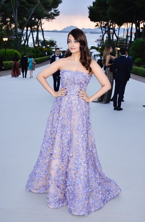 Posing next to the sunset in a strapless lavender gown by Elie Saab. Image Source: Getty / Geo... Lavender Gowns, Lilac Gown, Pink Bridal Lehenga, Recital Dress, Engagement Gown, Lavender Gown, Eden Roc, Dresses Fancy, Aishwarya Rai Bachchan